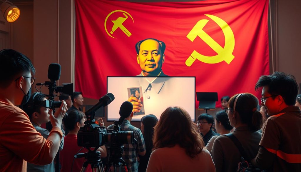 A vibrant and dynamic scene depicting "tutoriels mao" against a backdrop of Chinese communist imagery. In the foreground, a group of individuals enthusiastically engage in a tutorial, their faces illuminated by the soft glow of a large screen displaying Mao Zedong's portrait. The middle ground showcases a collection of vintage cameras, microphones, and other videography equipment, hinting at the technical aspect of creating YouTube content. In the background, a bold, red flag with the iconic hammer and sickle symbol dominates the scene, setting the tone of revolutionary fervor. The lighting is warm and inviting, creating a sense of energy and passion, while the camera angle is slightly elevated, providing a bird's-eye view of the entire composition. The overall atmosphere evokes a sense of political activism and educational empowerment.