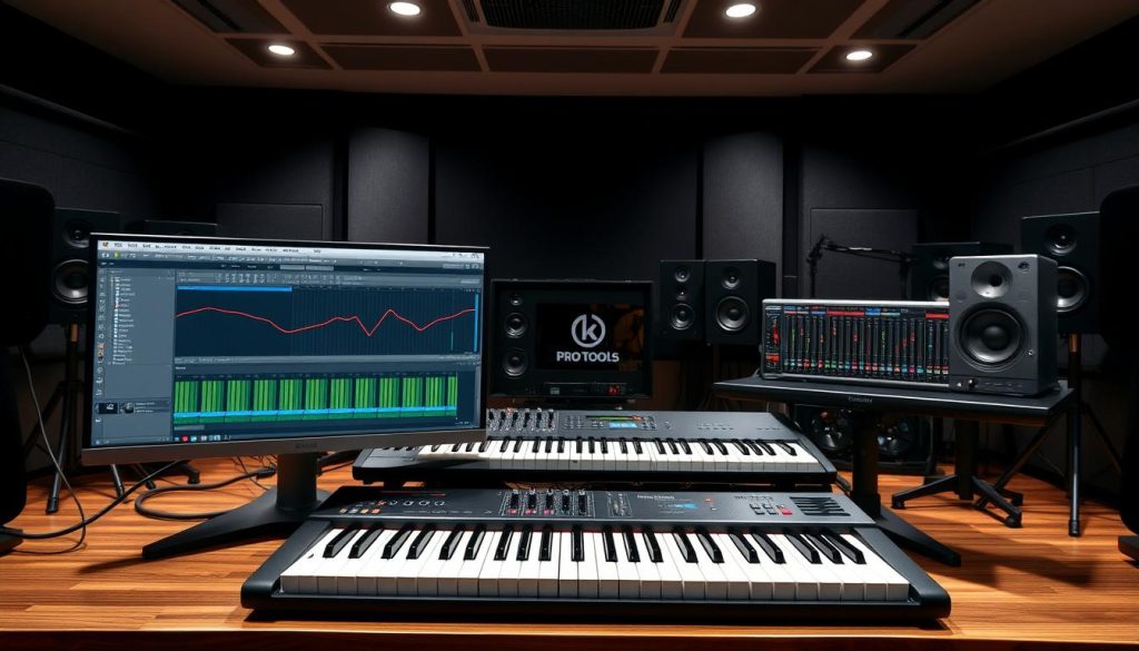 A high-resolution, detailed image of Cubase and Pro Tools digital audio workstations (DAWs) displayed side-by-side on a professional recording studio setup. The foreground features the two DAW software interfaces with distinct logos, UI layouts, and control surfaces. The middle ground showcases a premium studio-grade audio interface, MIDI keyboard, and high-end monitor speakers. The background depicts a dimly lit, modern recording studio environment with acoustic panels, cables, and other professional audio equipment. The overall scene conveys a sense of power, precision, and the quintessential tools used by experienced music producers and sound engineers.