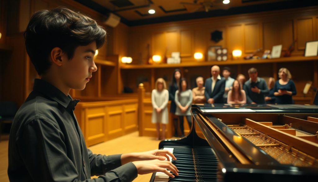 A classical music conservatory interior, dimly lit with warm, soft lighting. In the foreground, a young musician sits at a grand piano, their fingers delicately playing the keys. The musician's face is in profile, their expression focused and intense. In the middle ground, a group of students and instructors observe the performance, their faces alight with rapt attention. The background features rows of wooden practice rooms, the walls adorned with musical scores and instruments. The overall atmosphere is one of reverence, dedication, and the pursuit of artistic excellence.