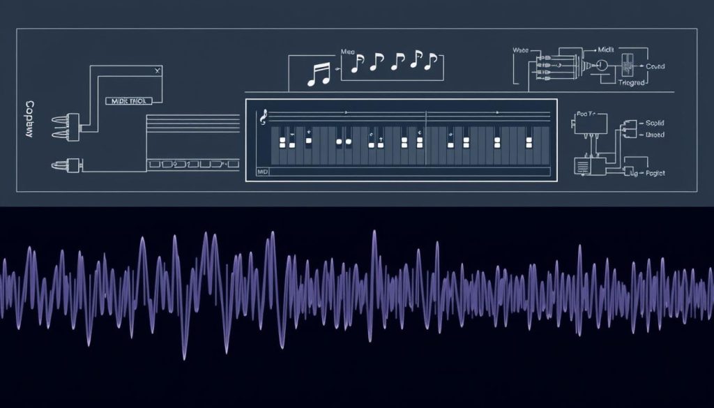 A detailed illustration showcasing the key differences between audio and MIDI signals. In the foreground, visualize a waveform representing an audio signal, with its distinct peaks and valleys conveying the richness of sound. In the middle ground, depict a MIDI piano roll, displaying discrete note events and their associated parameters such as pitch, velocity, and duration. The background should feature a technical diagram or schematics, highlighting the underlying principles that govern the transmission and processing of these two fundamental audio formats. Employ a sleek, minimalist aesthetic with a color palette that evokes the digital, technological nature of the subject matter. Capture the essence of this core concept in music production and sound design. A detailed illustration showcasing the key differences between audio and MIDI signals. In the foreground, visualize a waveform representing an audio signal, with its distinct peaks and valleys conveying the richness of sound. In the middle ground, depict a MIDI piano roll, displaying discrete note events and their associated parameters such as pitch, velocity, and duration. The background should feature a technical diagram or schematics, highlighting the underlying principles that govern the transmission and processing of these two fundamental audio formats. Employ a sleek, minimalist aesthetic with a color palette that evokes the digital, technological nature of the subject matter. Capture the essence of this core concept in music production and sound design.