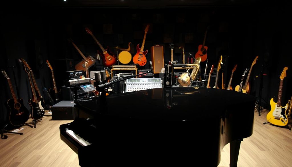 A dimly lit recording studio with a range of musical instruments and equipment. In the foreground, a grand piano stands majestically, its polished black surface reflecting the soft lighting. In the middle ground, a collection of microphones, sound mixers, and other audio gear are arranged neatly, hinting at the technical mastery required for music production. The background is filled with the silhouettes of various musical instruments, including guitars, drums, and brass instruments, creating a sense of depth and the diverse range of musical disciplines. The overall atmosphere is one of creative focus and professional expertise, capturing the essence of the "Music Professions in English" subject. A dimly lit recording studio with a range of musical instruments and equipment. In the foreground, a grand piano stands majestically, its polished black surface reflecting the soft lighting. In the middle ground, a collection of microphones, sound mixers, and other audio gear are arranged neatly, hinting at the technical mastery required for music production. The background is filled with the silhouettes of various musical instruments, including guitars, drums, and brass instruments, creating a sense of depth and the diverse range of musical disciplines. The overall atmosphere is one of creative focus and professional expertise, capturing the essence of the "Music Professions in English" subject.