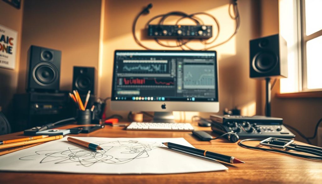A dynamic, visually striking composition that captures the essence of the workflow process, from initial conceptualization to final mastering. In the foreground, a graphic designer's desk showcases a variety of tools and materials - pencils, brushes, a tablet, and a sketchpad with rough ideas. The middle ground features a computer screen displaying design software, with various adjustment sliders and layers visible, symbolizing the refinement stage. In the background, a wall-mounted audio interface and high-quality speakers suggest the mastering process, with cables and knobs hinting at the technical aspects of audio production. Warm, directional lighting casts subtle shadows, creating depth and emphasizing the three-dimensional nature of the scene. The overall atmosphere is one of creative focus, progression, and a harmonious blend of digital and analog elements. A dynamic, visually striking composition that captures the essence of the workflow process, from initial conceptualization to final mastering. In the foreground, a graphic designer's desk showcases a variety of tools and materials - pencils, brushes, a tablet, and a sketchpad with rough ideas. The middle ground features a computer screen displaying design software, with various adjustment sliders and layers visible, symbolizing the refinement stage. In the background, a wall-mounted audio interface and high-quality speakers suggest the mastering process, with cables and knobs hinting at the technical aspects of audio production. Warm, directional lighting casts subtle shadows, creating depth and emphasizing the three-dimensional nature of the scene. The overall atmosphere is one of creative focus, progression, and a harmonious blend of digital and analog elements.