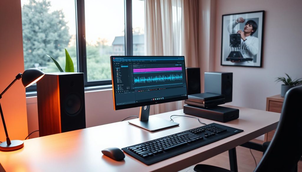 A high-end, professional-grade music production computer, sleek and modern, sitting on a minimalist desk against a backdrop of a stylish, contemporary home office space. Warm, indirect lighting from a large window casts a soft glow, highlighting the machine's clean lines and premium materials. The computer's display shows a digital audio workstation interface, hinting at its powerful audio processing capabilities for the discerning music producer. An ergonomic mouse and keyboard complete the setup, creating an immersive, focused environment for the user to create the next generation of electronic music. A high-end, professional-grade music production computer, sleek and modern, sitting on a minimalist desk against a backdrop of a stylish, contemporary home office space. Warm, indirect lighting from a large window casts a soft glow, highlighting the machine's clean lines and premium materials. The computer's display shows a digital audio workstation interface, hinting at its powerful audio processing capabilities for the discerning music producer. An ergonomic mouse and keyboard complete the setup, creating an immersive, focused environment for the user to create the next generation of electronic music.