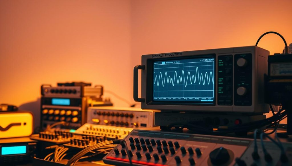 A laboratory-style setup with an oscilloscope display, various signal processing devices, and electronic components. The scene is illuminated by warm, focused lighting, casting shadows and highlights that accentuate the technical details. The foreground features an oscilloscope screen showing a complex waveform, while the middle ground contains various knobs, switches, and meters on the processing equipment. The background showcases a clean, minimalist environment with a subtle, industrial aesthetic, allowing the technical elements to take center stage. The overall mood is one of precision, analysis, and the exploration of signal processing techniques. A laboratory-style setup with an oscilloscope display, various signal processing devices, and electronic components. The scene is illuminated by warm, focused lighting, casting shadows and highlights that accentuate the technical details. The foreground features an oscilloscope screen showing a complex waveform, while the middle ground contains various knobs, switches, and meters on the processing equipment. The background showcases a clean, minimalist environment with a subtle, industrial aesthetic, allowing the technical elements to take center stage. The overall mood is one of precision, analysis, and the exploration of signal processing techniques.