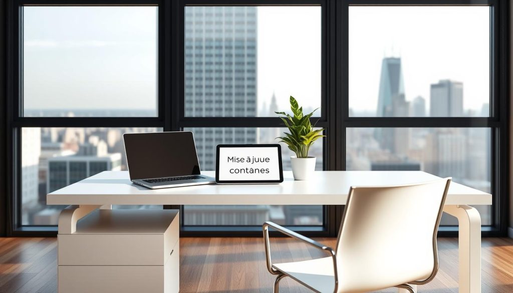 A modern, minimalist office setting with a sleek, white desk and chair. Atop the desk, a laptop, a potted plant, and a tablet or tablet-like device displaying "Mise à jour contenus" in a clean, sans-serif font. The backdrop features a large, floor-to-ceiling window overlooking a cityscape, bathing the scene in natural, diffused light. The overall composition conveys a sense of organization, productivity, and a focus on digital content updates.