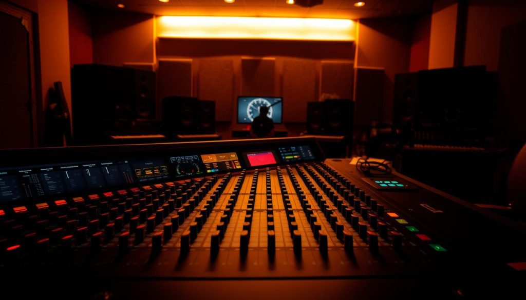 A professional audio mixing console with various knobs, faders, and meters displayed on a sleek, modern interface. The console is situated in a dimly lit, atmospheric recording studio, with warm ambient lighting casting soft shadows across the scene. The background features subtle details like sound-dampening panels and recording equipment, creating a sense of depth and context. The image has a high-fidelity, realistic quality, capturing the technical complexity and artistry of audio mixing and mastering processes. A professional audio mixing console with various knobs, faders, and meters displayed on a sleek, modern interface. The console is situated in a dimly lit, atmospheric recording studio, with warm ambient lighting casting soft shadows across the scene. The background features subtle details like sound-dampening panels and recording equipment, creating a sense of depth and context. The image has a high-fidelity, realistic quality, capturing the technical complexity and artistry of audio mixing and mastering processes.