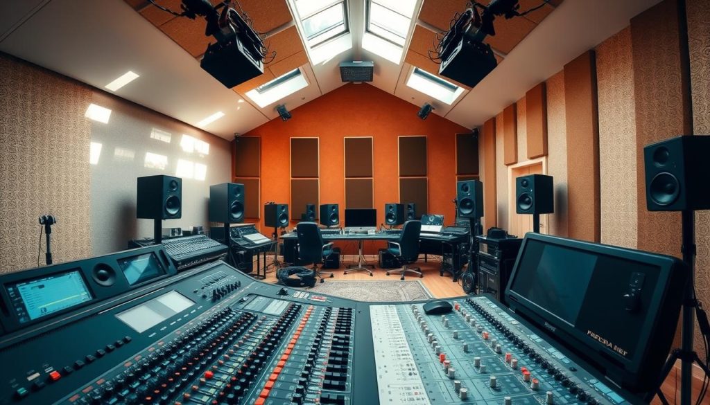 A professional recording studio filled with the latest professional-grade audio equipment. In the foreground, a high-end mixing console with numerous knobs, sliders, and displays. In the middle ground, various microphones, monitors, and studio headphones arranged neatly. In the background, a soundproofed room with acoustic panels and skylights providing natural lighting. The overall atmosphere is one of precision, sophistication, and creativity, reflecting the importance of these essential studio software tools. A professional recording studio filled with the latest professional-grade audio equipment. In the foreground, a high-end mixing console with numerous knobs, sliders, and displays. In the middle ground, various microphones, monitors, and studio headphones arranged neatly. In the background, a soundproofed room with acoustic panels and skylights providing natural lighting. The overall atmosphere is one of precision, sophistication, and creativity, reflecting the importance of these essential studio software tools.