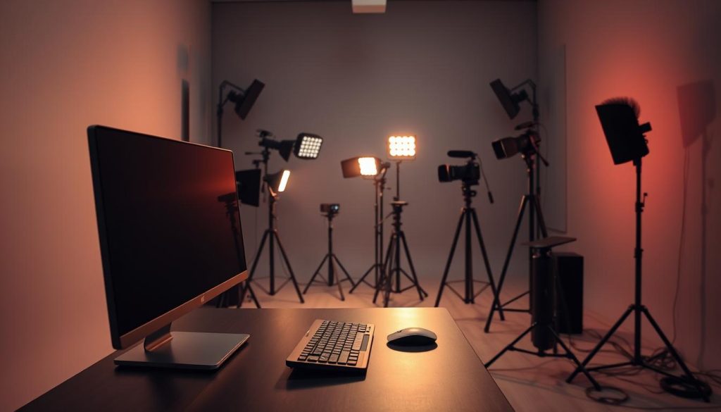 A professional, well-lit studio setup with a high-end desktop computer and various creative equipment. The foreground features a sleek, modern workstation with a large monitor, keyboard, and mouse. In the middle ground, several studio lights and camera equipment are arranged, casting a warm, directional light across the scene. The background showcases a neutral, gray backdrop, allowing the subject to take center stage. The overall atmosphere conveys a sense of productivity, creativity, and attention to detail, suitable for a professional content creation setup. A professional, well-lit studio setup with a high-end desktop computer and various creative equipment. The foreground features a sleek, modern workstation with a large monitor, keyboard, and mouse. In the middle ground, several studio lights and camera equipment are arranged, casting a warm, directional light across the scene. The background showcases a neutral, gray backdrop, allowing the subject to take center stage. The overall atmosphere conveys a sense of productivity, creativity, and attention to detail, suitable for a professional content creation setup.