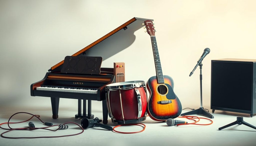 A vibrant, detailed illustration of basic musical vocabulary in English. A central focus on a collection of musical instruments - a piano, guitar, drum, and microphone - arranged with care against a soft, ethereal background. The instruments are depicted with realistic textures and lighting, creating a sense of depth and dimensionality. The overall atmosphere is one of creativity and educational intent, with a muted color palette that complements the subject matter. The composition is balanced and visually appealing, drawing the viewer's attention to the core elements. This image will serve as a clear, informative visual aid for the "Vocabulaire musical de base en anglais" section of the article. A vibrant, detailed illustration of basic musical vocabulary in English. A central focus on a collection of musical instruments - a piano, guitar, drum, and microphone - arranged with care against a soft, ethereal background. The instruments are depicted with realistic textures and lighting, creating a sense of depth and dimensionality. The overall atmosphere is one of creativity and educational intent, with a muted color palette that complements the subject matter. The composition is balanced and visually appealing, drawing the viewer's attention to the core elements. This image will serve as a clear, informative visual aid for the "Vocabulaire musical de base en anglais" section of the article.