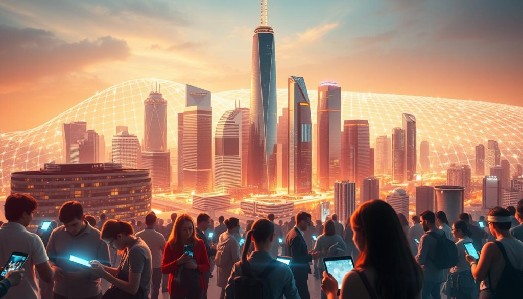 A vibrant, digitally-enhanced cityscape representing the concept of "digital citizenship". In the foreground, a diverse group of people engage with various digital devices, symbols of their active participation in the online world. The middle ground features a cluster of sleek, futuristic skyscrapers, their mirrored facades reflecting the dynamic interplay of technology and society. In the background, a glowing, holographic grid overlays the urban landscape, symbolizing the interconnected, virtual realm that underpins modern civic life. Warm, diffused lighting creates a sense of harmony and optimism, while a cinematic camera angle emphasizes the scale and grandeur of this digitally-empowered metropolis.