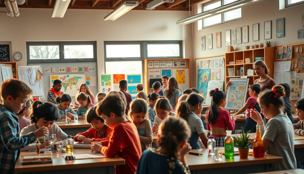 A vibrant, dynamic classroom scene filled with diverse pedagogical projects. In the foreground, students collaborate on hands-on STEM experiments, their faces alight with curiosity and discovery. In the middle ground, teams present colorful posters showcasing their interdisciplinary work, the walls adorned with student artwork. Warm, natural lighting filters in through large windows, casting a cozy glow over the bustling environment. The background reveals a teacher guiding small group discussions, fostering critical thinking and creativity. An atmosphere of engaged, student-centered learning pervades the space, reflecting the cyclical nature of educational initiatives and the school's commitment to innovative, tailored pedagogical approaches.