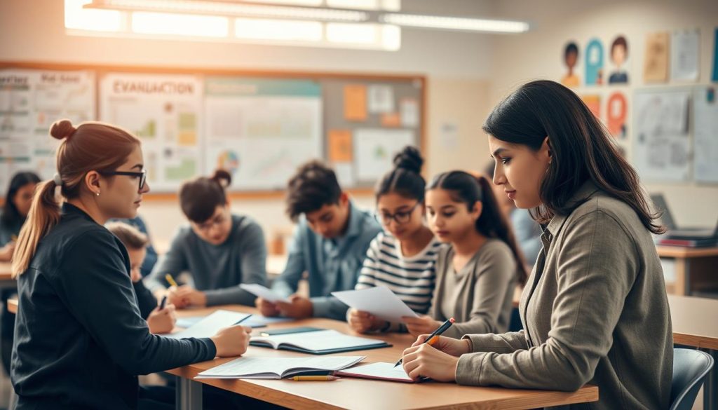 A well-lit classroom setting, with a group of diverse students engaged in an evaluation activity. Soft natural lighting floods the scene, creating a warm, focused atmosphere. In the foreground, a teacher carefully observes and takes notes, guiding the students through the assessment process. In the middle ground, students work collaboratively on interactive tasks, their expressions reflecting deep concentration and thoughtful engagement. The background showcases an array of educational resources, such as informative posters, reference materials, and technological aids, all contributing to the productive learning environment. The overall composition conveys a sense of structured yet collaborative evaluation, where students' knowledge, attitudes, and aptitudes are holistically assessed.