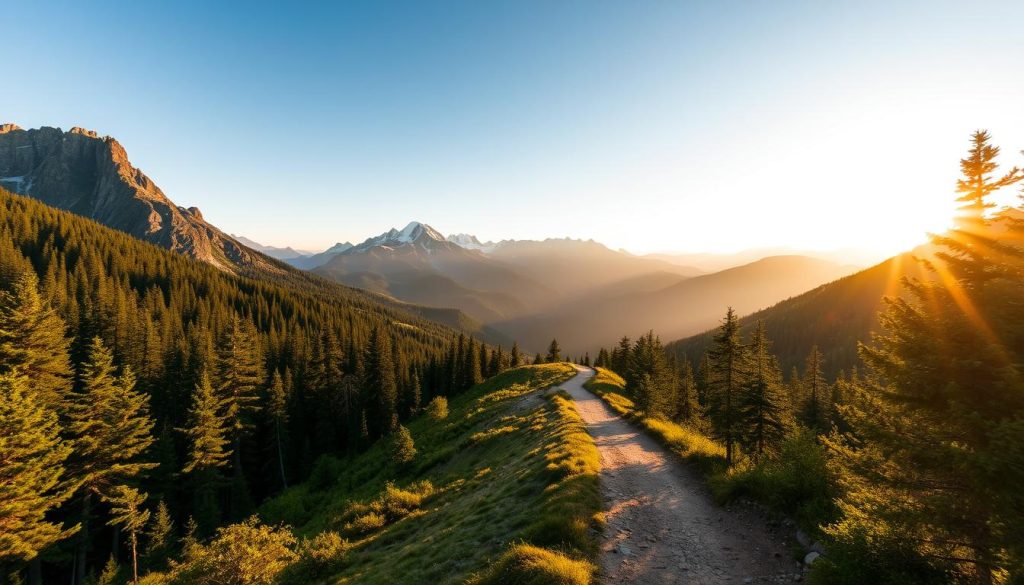 Panoramic view of a winding mountain trail, with a wide, well-maintained path leading through a lush, forested landscape. The scene is bathed in warm, golden sunlight filtering through the canopy, casting a cozy and inviting atmosphere. In the distance, rugged peaks rise up, their snow-capped summits glistening in the distance. The trail stretches out before the viewer, inviting them to explore the natural beauty of the surroundings. The composition emphasizes the sense of depth and scale, with the foreground, middle ground, and background elements all contributing to a harmonious and visually striking panorama. Panoramic view of a winding mountain trail, with a wide, well-maintained path leading through a lush, forested landscape. The scene is bathed in warm, golden sunlight filtering through the canopy, casting a cozy and inviting atmosphere. In the distance, rugged peaks rise up, their snow-capped summits glistening in the distance. The trail stretches out before the viewer, inviting them to explore the natural beauty of the surroundings. The composition emphasizes the sense of depth and scale, with the foreground, middle ground, and background elements all contributing to a harmonious and visually striking panorama.