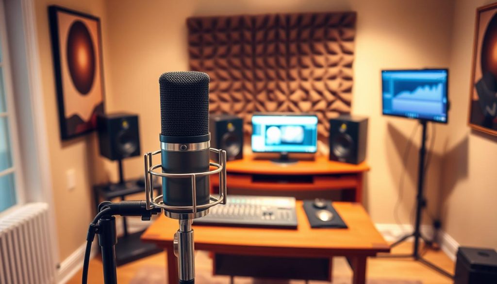 A cozy and inviting home recording studio, bathed in warm, soft lighting. In the foreground, a high-quality microphone stands ready, its sleek design complementing the tasteful decor. Behind it, a sturdy wooden desk holds a professional-grade audio interface, mixing console, and a laptop displaying audio editing software. The middle ground features a pair of studio monitor speakers, positioned for optimal sound quality. In the background, a plush sound-dampening panel adorns the wall, creating a acoustically-treated environment. The overall atmosphere is one of focus and creativity, perfect for capturing high-quality audio for music, podcasts, or voiceovers. A cozy and inviting home recording studio, bathed in warm, soft lighting. In the foreground, a high-quality microphone stands ready, its sleek design complementing the tasteful decor. Behind it, a sturdy wooden desk holds a professional-grade audio interface, mixing console, and a laptop displaying audio editing software. The middle ground features a pair of studio monitor speakers, positioned for optimal sound quality. In the background, a plush sound-dampening panel adorns the wall, creating a acoustically-treated environment. The overall atmosphere is one of focus and creativity, perfect for capturing high-quality audio for music, podcasts, or voiceovers.
