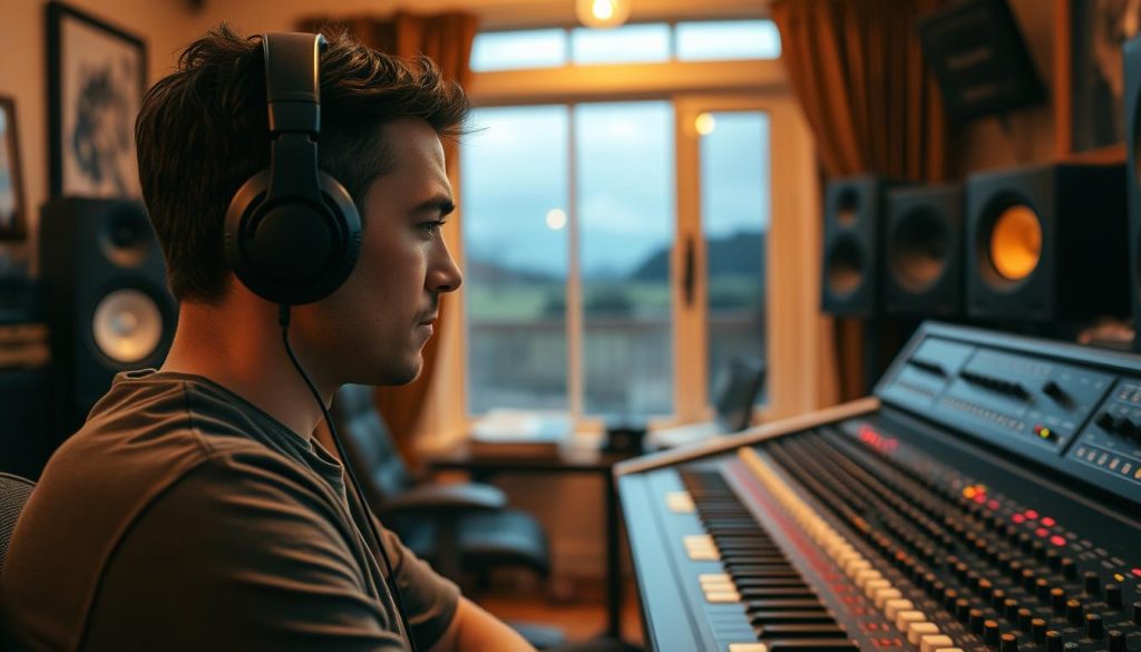 A cozy home studio with warm, ambient lighting. In the foreground, a person sits intently, headphones on, deeply engaged in the act of listening, their face reflecting a focused, contemplative expression. Surrounding them, the midground features a professional mixing console, knobs and sliders adjusting the levels, creating a sense of precision and control. In the background, a window reveals a tranquil, natural landscape, hinting at the inspiration and connection to the world beyond the studio walls. The overall atmosphere conveys a sense of concentration, attention to detail, and a deep appreciation for the art of mixing and sound engineering. A cozy home studio with warm, ambient lighting. In the foreground, a person sits intently, headphones on, deeply engaged in the act of listening, their face reflecting a focused, contemplative expression. Surrounding them, the midground features a professional mixing console, knobs and sliders adjusting the levels, creating a sense of precision and control. In the background, a window reveals a tranquil, natural landscape, hinting at the inspiration and connection to the world beyond the studio walls. The overall atmosphere conveys a sense of concentration, attention to detail, and a deep appreciation for the art of mixing and sound engineering.