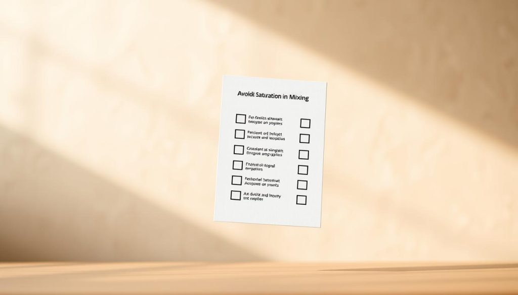 A crisp, clean checklist hovering against a soft, blurred backdrop. The checklist has bold, black text and simple checkbox icons, arranged in a structured grid layout. The background is a muted, monochromatic palette, possibly a neutral gradient or subtle textures, creating a sense of minimalist sophistication. Warm, directional lighting casts gentle shadows, emphasizing the physicality of the checklist. The composition is balanced and centered, with the checklist occupying the middle ground, drawing the viewer's eye. An overall atmosphere of organization, efficiency, and attention to detail, reflecting the topic of "avoiding saturation in mixing." A crisp, clean checklist hovering against a soft, blurred backdrop. The checklist has bold, black text and simple checkbox icons, arranged in a structured grid layout. The background is a muted, monochromatic palette, possibly a neutral gradient or subtle textures, creating a sense of minimalist sophistication. Warm, directional lighting casts gentle shadows, emphasizing the physicality of the checklist. The composition is balanced and centered, with the checklist occupying the middle ground, drawing the viewer's eye. An overall atmosphere of organization, efficiency, and attention to detail, reflecting the topic of "avoiding saturation in mixing."