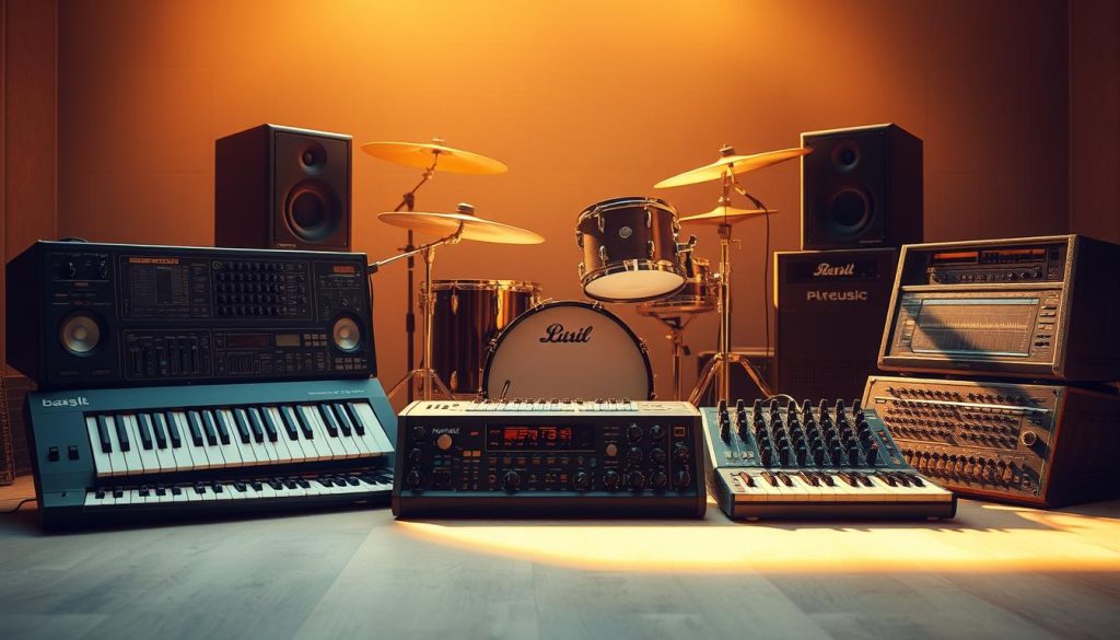 A meticulously crafted setup of virtual instruments, including a sleek digital synthesizer, a classic drum machine, and a high-quality audio interface. The scene is bathed in a warm, golden light, casting a soft, cinematic glow on the equipment. The instruments are arranged in a visually appealing, symmetrical layout, with a sense of balance and harmony. The background is a subtly blurred, neutral-toned environment, allowing the focus to remain on the musical tools. An atmosphere of creativity and anticipation permeates the scene, inviting the viewer to imagine the endless musical possibilities waiting to be explored.