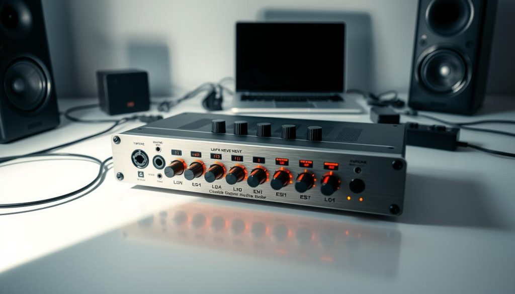 A modern, sleek audio interface sits atop a minimalist desktop setup. The interface's brushed metal face is backlit, casting a warm glow that illuminates the array of knobs, sliders, and input jacks. Surrounding the interface, a clean, uncluttered workspace with a laptop, studio monitors, and essential cables creates a professional, focused atmosphere. Soft, directional lighting from the side casts dramatic shadows, emphasizing the tactile controls and inviting the user to engage with the interface. The overall scene conveys a sense of accessible, intuitive audio production - a quick and seamless setup ready to capture the user's creativity.
