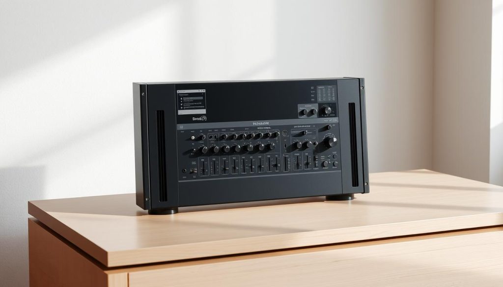 A professional, high-quality digital audio workstation (DAW) standing prominently on a sleek, minimalist desk. The DAW has a modern, sophisticated design with clean lines and a matte black finish, reflecting a pro-level audio production setup. The desk is made of light-colored wood, creating a warm, natural contrast. Soft, directional lighting from the side casts subtle shadows, highlighting the DAW's smooth surfaces and controls. The overall scene conveys a sense of focus, efficiency, and creativity - the ideal environment for a musician or producer to craft their sonic masterpieces. A professional, high-quality digital audio workstation (DAW) standing prominently on a sleek, minimalist desk. The DAW has a modern, sophisticated design with clean lines and a matte black finish, reflecting a pro-level audio production setup. The desk is made of light-colored wood, creating a warm, natural contrast. Soft, directional lighting from the side casts subtle shadows, highlighting the DAW's smooth surfaces and controls. The overall scene conveys a sense of focus, efficiency, and creativity - the ideal environment for a musician or producer to craft their sonic masterpieces.