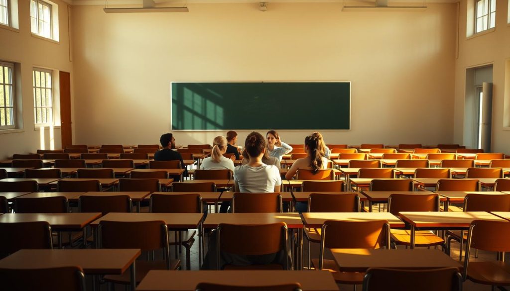A serene, sun-drenched classroom setting, with rows of desks and chairs arranged in a harmonious formation, evoking a sense of order and focus. The lighting is soft and diffused, creating a warm, inviting atmosphere. In the center, a group of students sit intently, engaged in a collaborative learning activity, their faces illuminated by the natural light streaming through large windows. The background features a blackboard or whiteboard, suggesting a space dedicated to education and personal growth. The overall composition conveys a sense of tranquility, discipline, and the transformative power of collective learning.