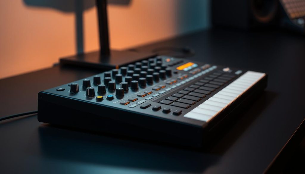A sleek, modern MIDI controller positioned on a dark, minimalist desk. The controller features numerous knobs, sliders, and buttons, allowing precise control over various musical parameters. The lighting is soft and indirect, creating a warm, focused atmosphere. The controller is captured from an angle that emphasizes its detailed design and functionality, inviting the viewer to imagine the creative possibilities it offers. The background is blurred, keeping the attention on the MIDI controller and its role in the creative workflow. A sleek, modern MIDI controller positioned on a dark, minimalist desk. The controller features numerous knobs, sliders, and buttons, allowing precise control over various musical parameters. The lighting is soft and indirect, creating a warm, focused atmosphere. The controller is captured from an angle that emphasizes its detailed design and functionality, inviting the viewer to imagine the creative possibilities it offers. The background is blurred, keeping the attention on the MIDI controller and its role in the creative workflow.