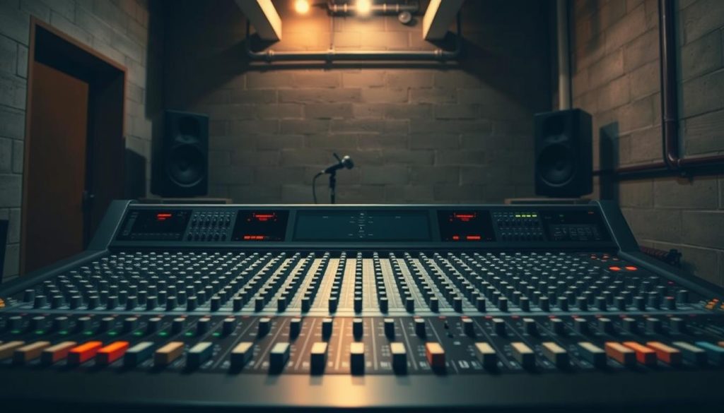 A sleek, modern audio mixing console dominates the center of the frame, its numerous knobs, sliders, and buttons reflecting a precise, professional setup. The console is set against a dimly lit, industrial-style backdrop, with concrete walls and exposed pipes suggesting a recording studio or sound engineering space. Soft, warm lighting emanates from the console, casting a subtle glow across the scene. The camera angle is slightly elevated, providing an overview of the setup and emphasizing the technical complexity and precision of the equipment. The overall mood is one of focus, control, and the meticulous craftsmanship required to achieve the perfect mix. A sleek, modern audio mixing console dominates the center of the frame, its numerous knobs, sliders, and buttons reflecting a precise, professional setup. The console is set against a dimly lit, industrial-style backdrop, with concrete walls and exposed pipes suggesting a recording studio or sound engineering space. Soft, warm lighting emanates from the console, casting a subtle glow across the scene. The camera angle is slightly elevated, providing an overview of the setup and emphasizing the technical complexity and precision of the equipment. The overall mood is one of focus, control, and the meticulous craftsmanship required to achieve the perfect mix.