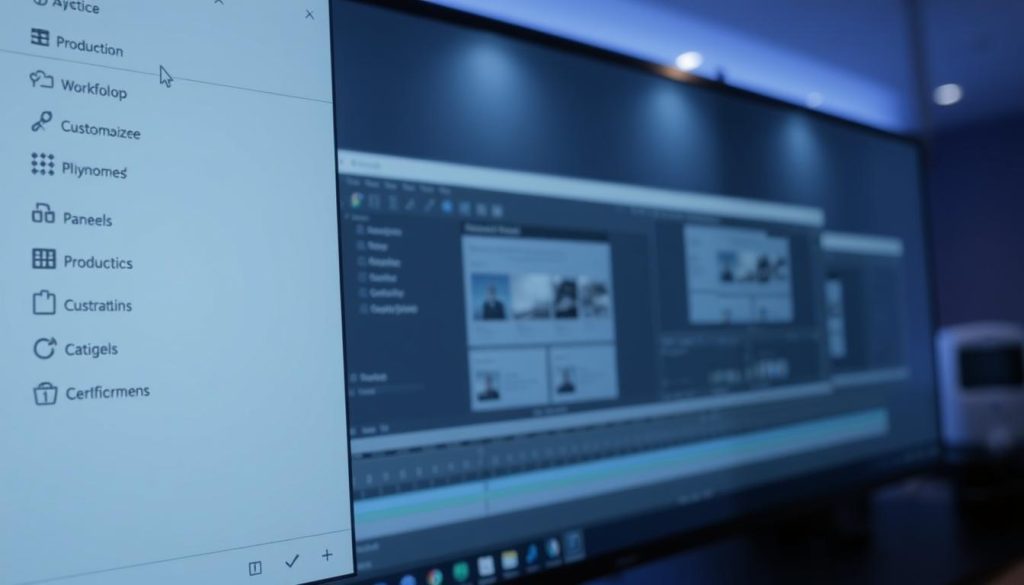 A sleek, modern computer interface showcasing various production and workflow options. In the foreground, a clean, minimalist design with intuitive menus and controls, the user's cursor hovering over the "Production" tab. The middle ground depicts customizable panels and windows, allowing the user to tailor the layout to their specific needs. In the background, a subtle, professional color scheme of grays and blues, with subtle lighting effects creating a sense of depth and sophistication. The overall atmosphere is one of efficiency, organization, and a focus on the user's creative process.