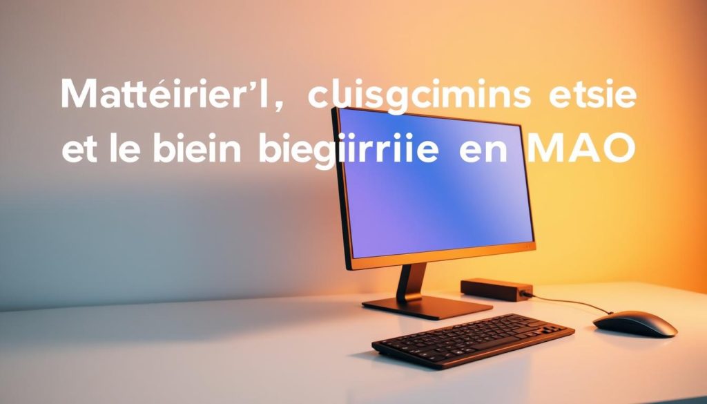 A sleek, modern desktop computer situated on a minimalist white workspace, bathed in warm ambient lighting. The machine's brushed metal chassis and slim profile convey a sense of elegant simplicity. The display, with its vibrant, high-resolution screen, is angled slightly towards the viewer, inviting interaction. A few neatly arranged peripherals, such as a wireless mouse and keyboard, complement the setup, creating a cohesive, professional-grade workstation. The overall composition exudes a sense of productivity and technological sophistication, befitting the "Matériel, logiciels et outils pour bien débuter en MAO" section of the article.
