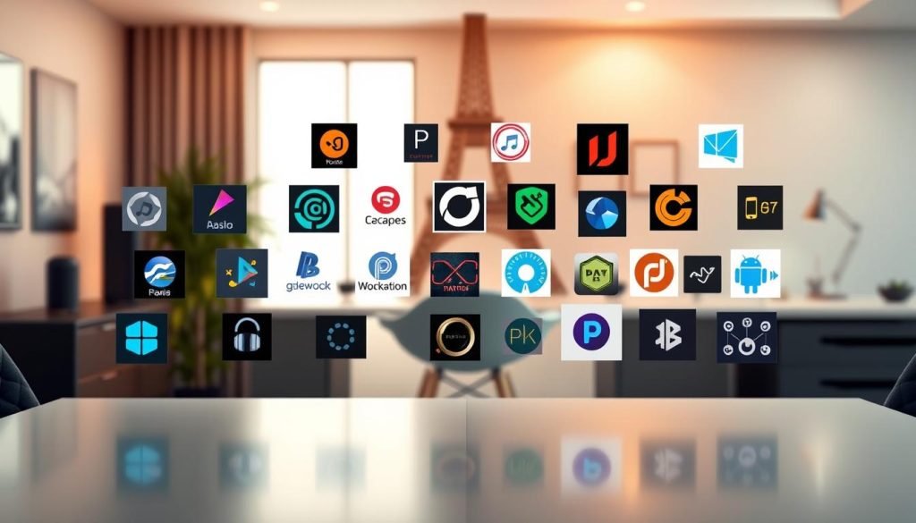A stylish and elegant software selection montage showcasing a variety of popular music production applications. In the foreground, a dynamic array of software logos and icons hover above a sleek, minimalist tabletop, bathed in warm, soft lighting that accentuates the products' premium aesthetic. The middle ground features a subtle, blurred backdrop of a modern, Parisian-inspired workspace, hinting at the target audience and setting. In the background, a muted, gradient-based color scheme evokes a sense of professionalism and sophistication, complementing the overall mood. The scene conveys a curated, high-quality software selection tailored for the French market, reflecting the article's focus on legal and responsible music software acquisition.