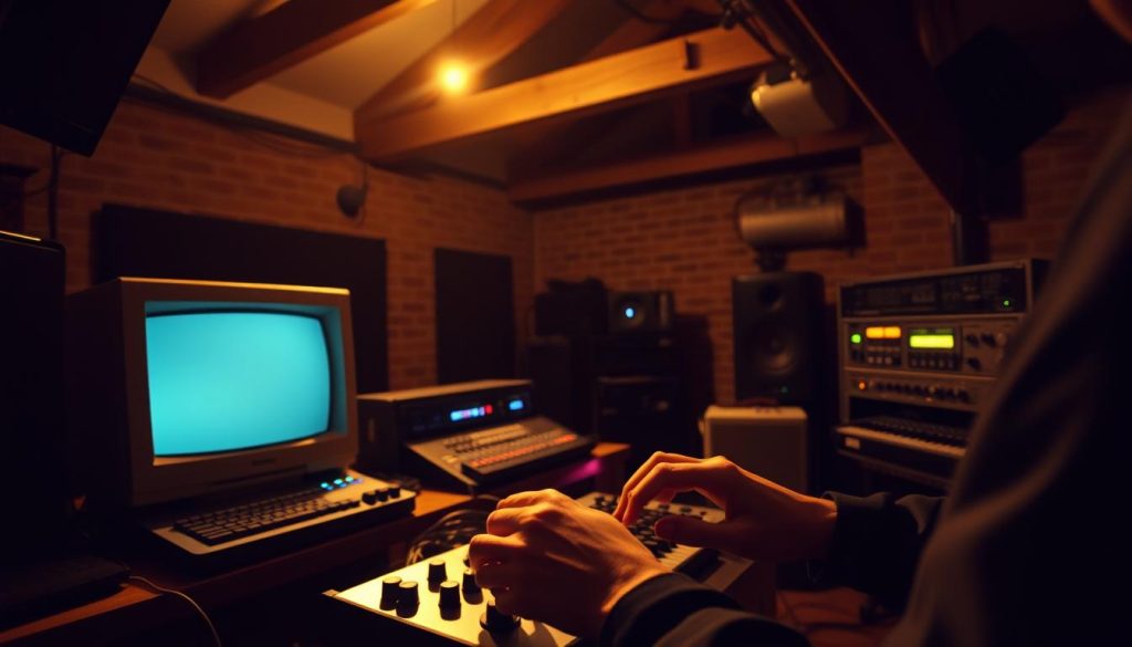 Origines musique assistée par ordinateur: a dimly lit recording studio, with an old-school computer monitor and analog audio equipment casting a warm, nostalgic glow. In the foreground, a pair of hands delicately adjusting knobs and sliders, the soft hum of electronic music filling the air. The background features architectural details like exposed beams and brick walls, evoking the early days of electronic music production. The overall atmosphere is one of exploration and experimentation, capturing the pioneering spirit of the origins of computer-assisted music.