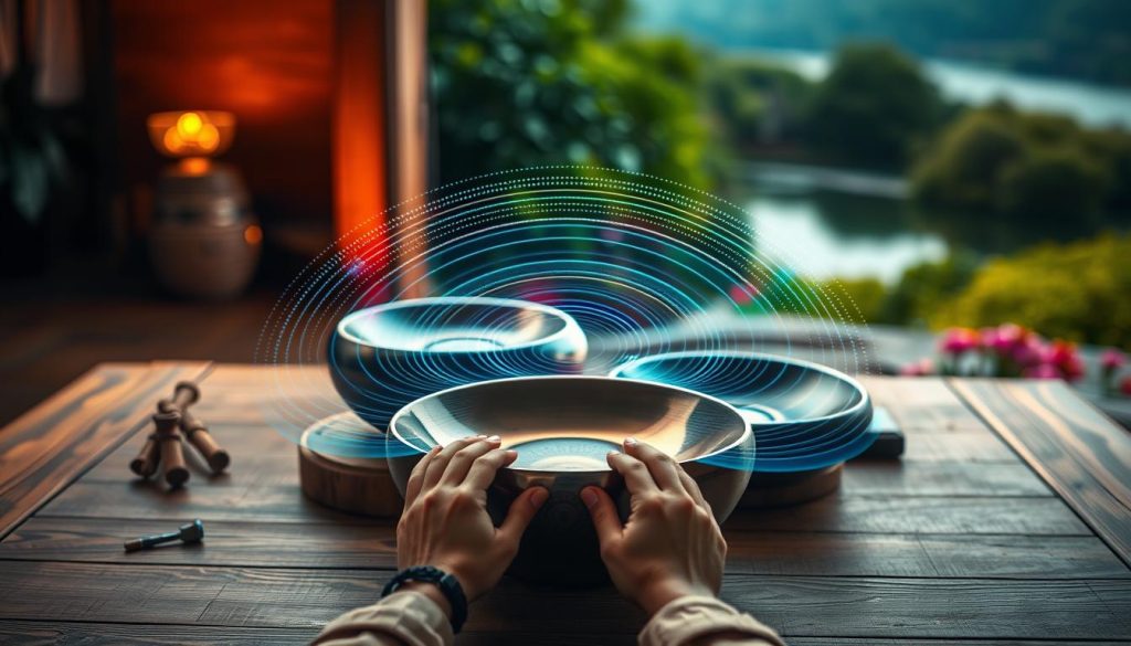 A beautifully arranged handpan set on a wooden table, with two distinct handpans tuned to 432 Hz and 440 Hz, demonstrating their unique designs. In the foreground, an artisan's hands are gently playing the 432 Hz handpan, sending ripples of sound waves visualized as colorful waves of light radiating outward. The middle ground showcases a softly illuminated environment with warm lighting, highlighting the handpans' metallic finish and intricate patterns. In the background, a subtle blurred landscape of lush greenery and tranquil water, suggesting harmony and calm. The overall mood is serene and inviting, emphasizing a connection to nature and sound healing. The image is captured with a shallow depth of field using a wide-angle lens, focusing on the handpan and playing hands while creating a dreamlike atmosphere.