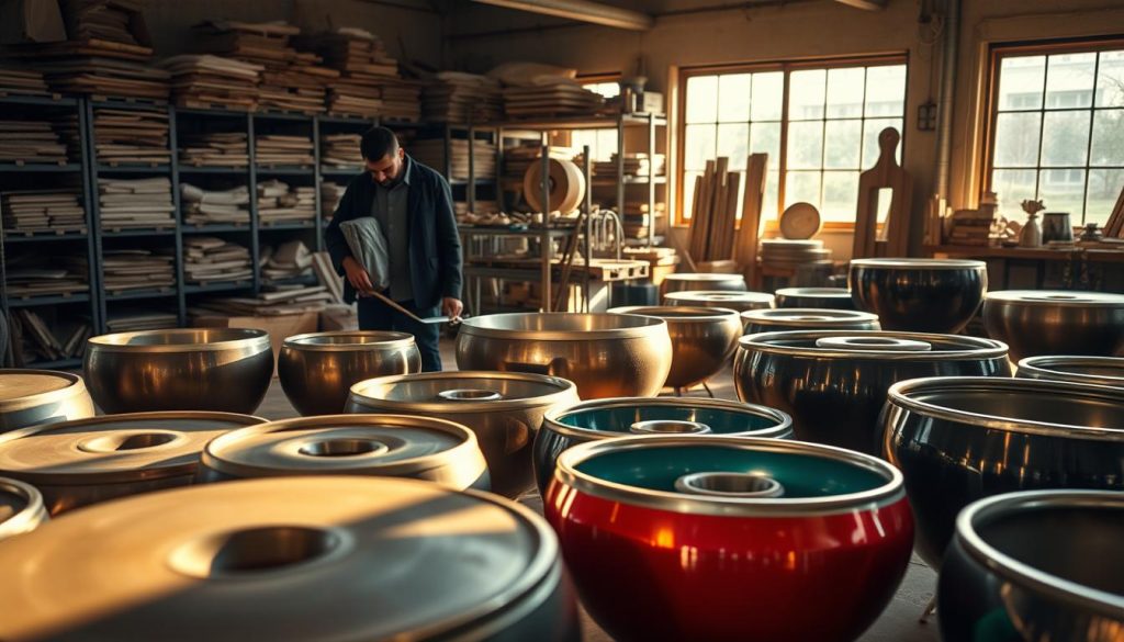 A beautifully arranged handpan workshop showcasing various handpan instruments made from different materials. In the foreground, display a variety of handpans with different finishes, reflecting sunlight and casting subtle shadows; some are made of steel, while others feature colorful, anodized surfaces. In the middle ground, include a craftsman in modest casual clothing, expertly tuning a handpan, highlighting the craftsmanship involved. The background features shelves filled with raw materials and tools, illuminated by warm, natural light filtering through large windows, creating an inviting and inspiring atmosphere. The entire scene captures the essence of handpan creation, focusing on the intricate relationship between materials and sound, evoking a mood of creativity and passion for music.