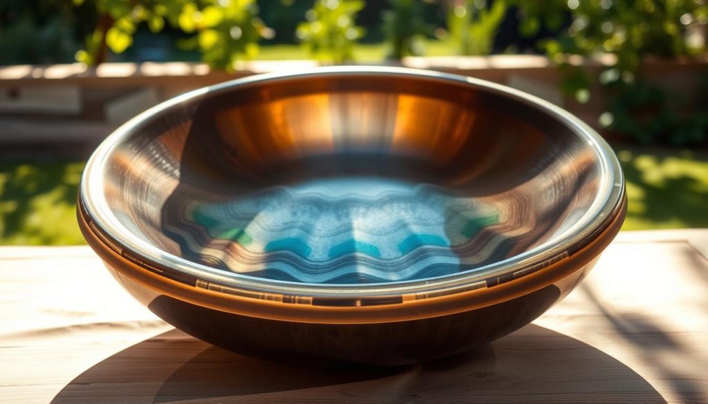 A beautifully crafted handpan instrument centered in the foreground, showcasing its unique shape and intricate tonal grooves. The instrument should reflect a polished finish, with a blend of iridescent colors like deep blue, shimmering gold, and earthy green highlights, capturing the light in a mesmerizing way. Surrounding the handpan, a soft, natural wooden table adds warmth to the scene. In the background, a tranquil outdoor setting with gentle greenery and dappled sunlight creates a serene atmosphere. The lighting should be bright and inviting, emphasizing the contours of the handpan, while creating soft shadows that add depth. Capture the image from a slightly elevated angle to highlight both the instrument's beauty and its unique features, evoking a sense of wonder and tranquility. A beautifully crafted handpan instrument centered in the foreground, showcasing its unique shape and intricate tonal grooves. The instrument should reflect a polished finish, with a blend of iridescent colors like deep blue, shimmering gold, and earthy green highlights, capturing the light in a mesmerizing way. Surrounding the handpan, a soft, natural wooden table adds warmth to the scene. In the background, a tranquil outdoor setting with gentle greenery and dappled sunlight creates a serene atmosphere. The lighting should be bright and inviting, emphasizing the contours of the handpan, while creating soft shadows that add depth. Capture the image from a slightly elevated angle to highlight both the instrument's beauty and its unique features, evoking a sense of wonder and tranquility.