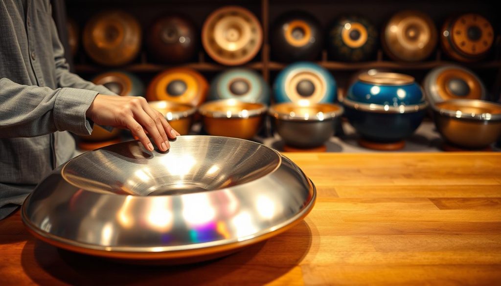 A beautifully crafted handpan resting on a polished wooden table, showcasing its unique concave shape and vibrant metallic finish. In the foreground, a professional musician dressed in modest casual clothing gently plays the handpan, fingers gracefully gliding over the notes, capturing a sense of harmony. The middle layer features an array of handpans in different sizes and colors, highlighting their diversity and craftsmanship. In the background, soft ambient lighting creates a warm and inviting atmosphere, with subtle shadows enhancing the details of the instruments. The focus is clear, with a shallow depth of field that brings attention to the handpan and musician, evoking a mood of serenity and artistic expression. A beautifully crafted handpan resting on a polished wooden table, showcasing its unique concave shape and vibrant metallic finish. In the foreground, a professional musician dressed in modest casual clothing gently plays the handpan, fingers gracefully gliding over the notes, capturing a sense of harmony. The middle layer features an array of handpans in different sizes and colors, highlighting their diversity and craftsmanship. In the background, soft ambient lighting creates a warm and inviting atmosphere, with subtle shadows enhancing the details of the instruments. The focus is clear, with a shallow depth of field that brings attention to the handpan and musician, evoking a mood of serenity and artistic expression.