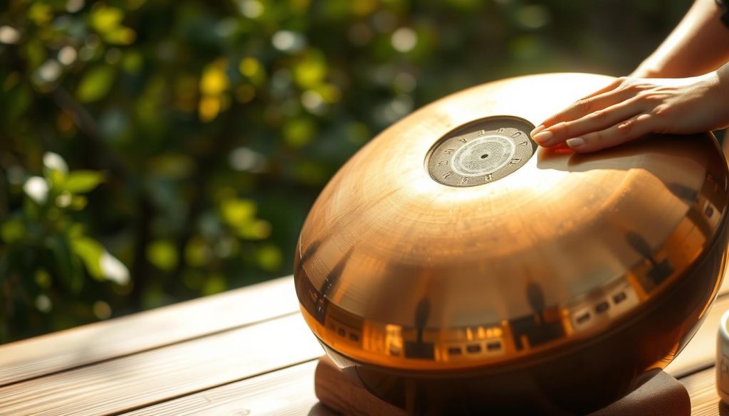 A close-up view of a beautifully crafted handpan placed on a natural wooden table, with its distinct concave surface gleaming under soft, diffused sunlight. In the foreground, a pair of hands gently touching the instrument, fingers poised to strike the notes. The middle section showcases various handpan notes labeled with subtle indicators, possibly in the form of small, ethereal glowing orbs representing different pitches. In the background, softly blurred greenery creates a tranquil atmosphere that enhances the instrument’s soothing aura. The lighting is warm and inviting, casting gentle shadows that highlight the handpan's intricate design, evoking a sense of peace and harmony. The overall mood is serene and reflective, perfect for illustrating the essence of the handpan as an instrument of musical expression. A close-up view of a beautifully crafted handpan placed on a natural wooden table, with its distinct concave surface gleaming under soft, diffused sunlight. In the foreground, a pair of hands gently touching the instrument, fingers poised to strike the notes. The middle section showcases various handpan notes labeled with subtle indicators, possibly in the form of small, ethereal glowing orbs representing different pitches. In the background, softly blurred greenery creates a tranquil atmosphere that enhances the instrument’s soothing aura. The lighting is warm and inviting, casting gentle shadows that highlight the handpan's intricate design, evoking a sense of peace and harmony. The overall mood is serene and reflective, perfect for illustrating the essence of the handpan as an instrument of musical expression.