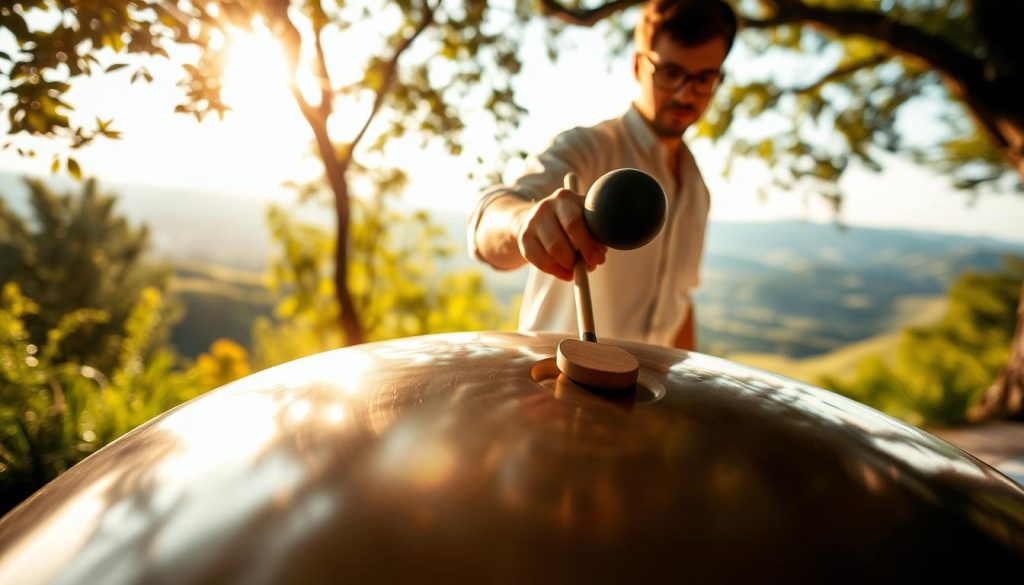 A close-up view of a skilled musician evaluating the sound quality of a handpan, positioned in a serene natural setting. The musician, dressed in casual, professional attire, is focused on striking the handpan with mallets, creating a visual representation of sound waves emanating from the instrument. In the foreground, the polished surface of the handpan reflects sunlight, enhancing its metallic sheen. In the middle ground, lush greenery and soft blurred foliage create a tranquil atmosphere, while warm golden light filters through the trees, adding depth. The background features a soft-focus landscape of rolling hills, emphasizing the peaceful connection between music and nature. The overall mood is calm and contemplative, inviting the viewer to appreciate the beauty of sound.
