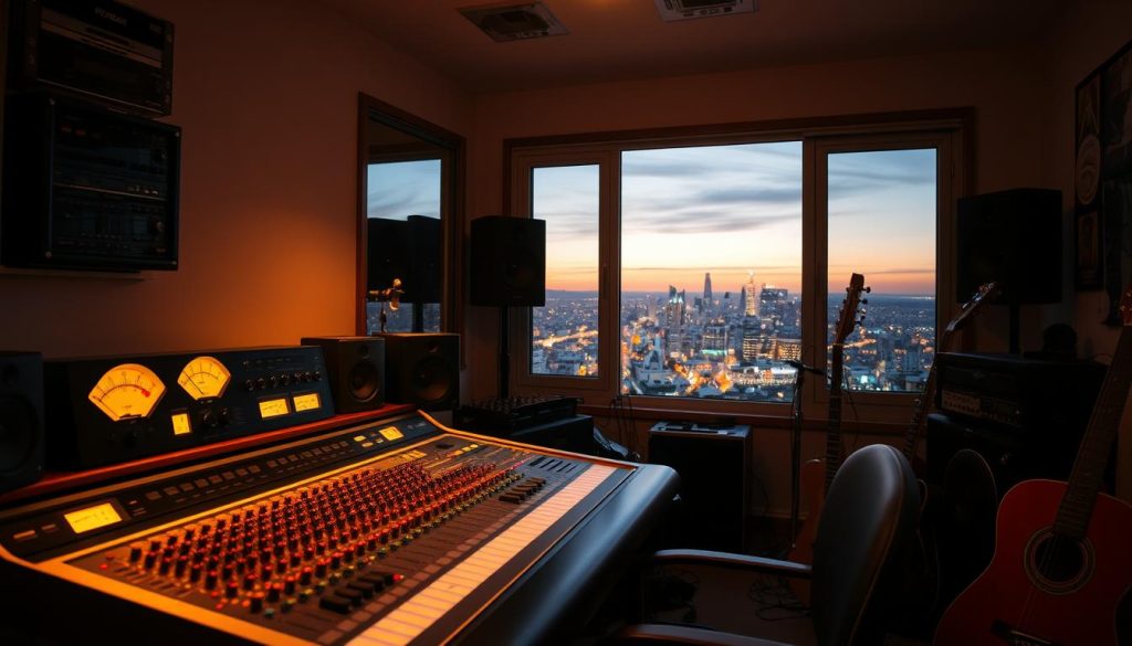 A cozy home studio, the centerpiece a pristine sound mixing console illuminated by warm, indirect lighting. Analog meters and buttons evoke a vintage aesthetic, complemented by various instruments and recording equipment arranged neatly around the workspace. Through a window, a cityscape at dusk provides a tranquil backdrop, the golden hour hues casting a serene glow. The overall scene conveys a sense of focused creativity and meticulous preparation, ready to craft the perfect musical composition. A cozy home studio, the centerpiece a pristine sound mixing console illuminated by warm, indirect lighting. Analog meters and buttons evoke a vintage aesthetic, complemented by various instruments and recording equipment arranged neatly around the workspace. Through a window, a cityscape at dusk provides a tranquil backdrop, the golden hour hues casting a serene glow. The overall scene conveys a sense of focused creativity and meticulous preparation, ready to craft the perfect musical composition.