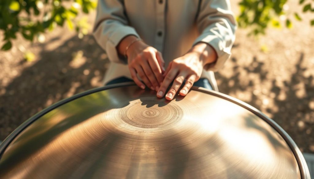 A detailed illustration of a handpan, showcasing its unique structure and sound-producing features. The foreground features a close-up of the handpan's metallic surface, highlighting its dimples and tonal zones. In the middle ground, depict a pair of hands gently playing the instrument, wearing modest, casual clothing for a professional touch. The background should feature a soft, blurred setting of a serene outdoor area, enhancing the mood with dappled sunlight filtering through leaves, creating a tranquil atmosphere. Use natural lighting to emphasize the metallic sheen of the handpan and the gentle reverberation of sound waves emanating from it. The angle should capture a slight overhead view, focusing on both the instrument and the interaction of the player. A detailed illustration of a handpan, showcasing its unique structure and sound-producing features. The foreground features a close-up of the handpan's metallic surface, highlighting its dimples and tonal zones. In the middle ground, depict a pair of hands gently playing the instrument, wearing modest, casual clothing for a professional touch. The background should feature a soft, blurred setting of a serene outdoor area, enhancing the mood with dappled sunlight filtering through leaves, creating a tranquil atmosphere. Use natural lighting to emphasize the metallic sheen of the handpan and the gentle reverberation of sound waves emanating from it. The angle should capture a slight overhead view, focusing on both the instrument and the interaction of the player.