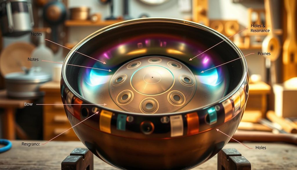 A detailed illustration of the anatomy of a handpan. In the foreground, display a beautifully crafted handpan with intricate tone fields, showcasing the metallic finish and vibrant colors that reflect light. Highlight the unique curvature and shape of the instrument, emphasizing its domed structure. In the middle ground, include labeled sections pointing out different parts such as the notes, bow, and holes for resonance, artistically arranged around the handpan. The background should feature a soft-focus workshop setting with wooden surfaces and musical tools, evoking a sense of craftsmanship and artistry. Use warm, natural lighting to create an inviting atmosphere and enhance the metallic sheen of the handpan. Aim for a balanced composition that captivates the viewer’s attention while maintaining clarity and focus on the instrument itself. A detailed illustration of the anatomy of a handpan. In the foreground, display a beautifully crafted handpan with intricate tone fields, showcasing the metallic finish and vibrant colors that reflect light. Highlight the unique curvature and shape of the instrument, emphasizing its domed structure. In the middle ground, include labeled sections pointing out different parts such as the notes, bow, and holes for resonance, artistically arranged around the handpan. The background should feature a soft-focus workshop setting with wooden surfaces and musical tools, evoking a sense of craftsmanship and artistry. Use warm, natural lighting to create an inviting atmosphere and enhance the metallic sheen of the handpan. Aim for a balanced composition that captivates the viewer’s attention while maintaining clarity and focus on the instrument itself.