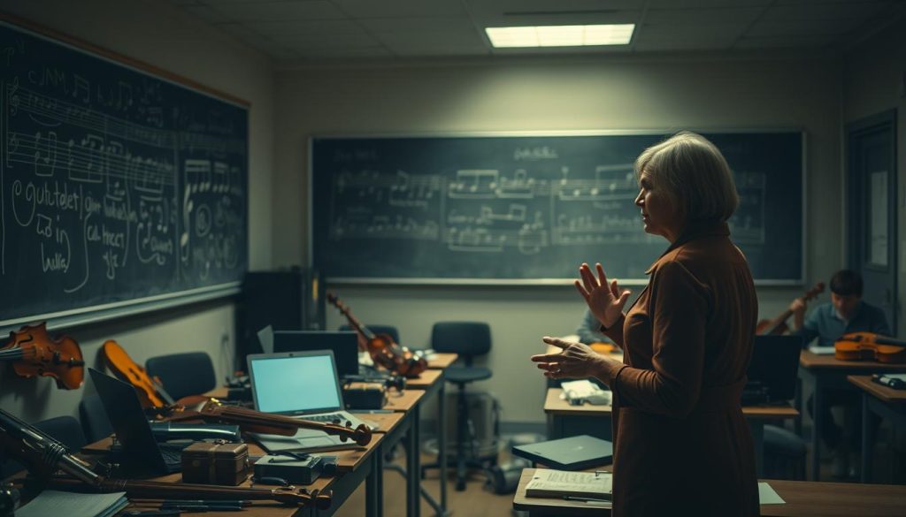 A dimly lit music classroom, instruments scattered across the desks. In the foreground, a teacher stands with a puzzled expression, hands gesturing towards a chalkboard filled with scribbles and musical notes. The middle ground reveals students hunched over their laptops, brows furrowed in concentration, while the background is hazy, suggesting the frustration and confusion of a failed lesson. The scene is bathed in a soft, warm light, conveying a sense of melancholy and the need for improvement in music education. A dimly lit music classroom, instruments scattered across the desks. In the foreground, a teacher stands with a puzzled expression, hands gesturing towards a chalkboard filled with scribbles and musical notes. The middle ground reveals students hunched over their laptops, brows furrowed in concentration, while the background is hazy, suggesting the frustration and confusion of a failed lesson. The scene is bathed in a soft, warm light, conveying a sense of melancholy and the need for improvement in music education.