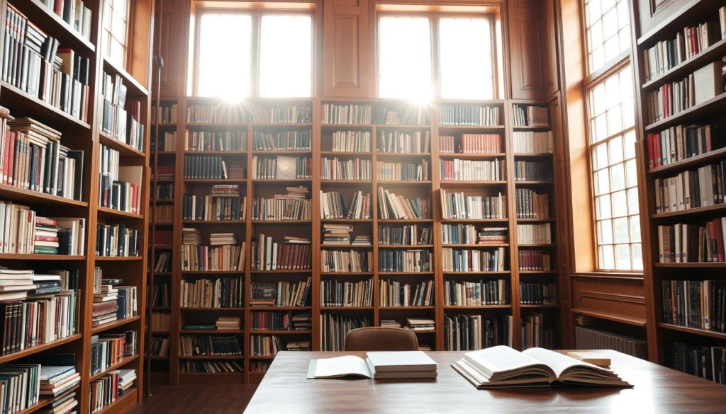 A large wooden bookshelf, its shelves filled with a diverse collection of books and documents, stands in a well-lit, airy study. Sunlight streams through large windows, casting a warm glow on the room. Carefully organized folders, binders, and archival boxes line the shelves, hinting at the wealth of research materials available. The bookshelf's design is a harmonious blend of functionality and aesthetic appeal, reflecting the institution's dedication to scholarship and knowledge preservation. In the foreground, a wooden desk with a laptop and research materials suggests the active use of these resources by scholars and musicians. The overall atmosphere conveys a sense of intellectual curiosity and academic rigor. A large wooden bookshelf, its shelves filled with a diverse collection of books and documents, stands in a well-lit, airy study. Sunlight streams through large windows, casting a warm glow on the room. Carefully organized folders, binders, and archival boxes line the shelves, hinting at the wealth of research materials available. The bookshelf's design is a harmonious blend of functionality and aesthetic appeal, reflecting the institution's dedication to scholarship and knowledge preservation. In the foreground, a wooden desk with a laptop and research materials suggests the active use of these resources by scholars and musicians. The overall atmosphere conveys a sense of intellectual curiosity and academic rigor.