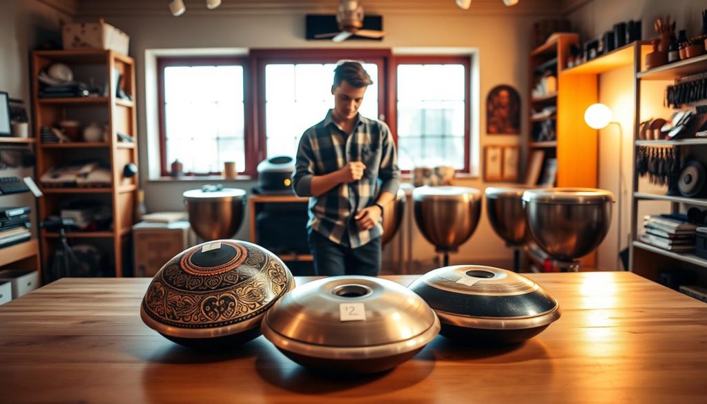 A serene and inviting studio space showcasing various handpans, each with different numbers of notes, ranging from minimalist designs to more elaborate ones. In the foreground, a soft wooden table holds three handpans, with intricate patterns and vibrant colors, each affixed with a small tag indicating its number of notes. In the middle, a softly lit room features a musician in modest casual clothing, thoughtfully examining the instruments, surrounded by warm, diffused natural light coming through a large window. The background showcases shelves filled with handpan tools and accessories, creating an atmosphere of creativity and exploration. The image conveys a sense of calm and inspiration, inviting viewers to consider their handpan journey.