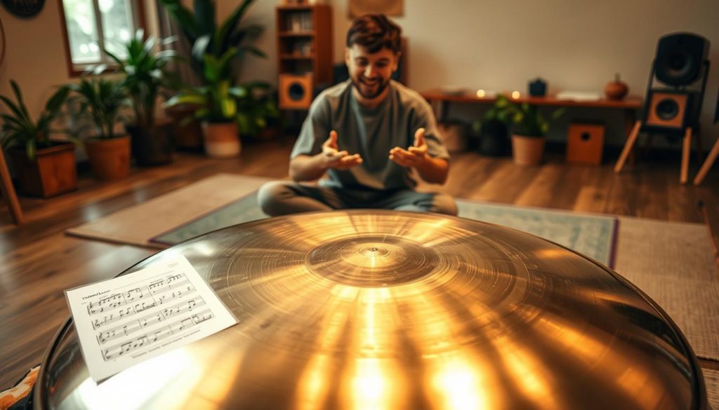 A serene indoor setting featuring a skilled musician playing a handpan, showcasing various techniques in an engaging manner. In the foreground, the handpan glistens under soft, warm lighting, demonstrating its intricate surface patterns. The musician, dressed in modest casual clothing, is seated on a comfortable mat, immersing themselves in the music, with expressive body language conveying concentration and joy. In the middle ground, music sheets with notes on handpan techniques are slightly visible to emphasize the learning aspect. The background features an inviting, softly blurred space with plants and acoustic elements, enhancing the atmosphere of musical exploration. The overall mood is tranquil and inspiring, capturing the essence of the handpan experience. A serene indoor setting featuring a skilled musician playing a handpan, showcasing various techniques in an engaging manner. In the foreground, the handpan glistens under soft, warm lighting, demonstrating its intricate surface patterns. The musician, dressed in modest casual clothing, is seated on a comfortable mat, immersing themselves in the music, with expressive body language conveying concentration and joy. In the middle ground, music sheets with notes on handpan techniques are slightly visible to emphasize the learning aspect. The background features an inviting, softly blurred space with plants and acoustic elements, enhancing the atmosphere of musical exploration. The overall mood is tranquil and inspiring, capturing the essence of the handpan experience.