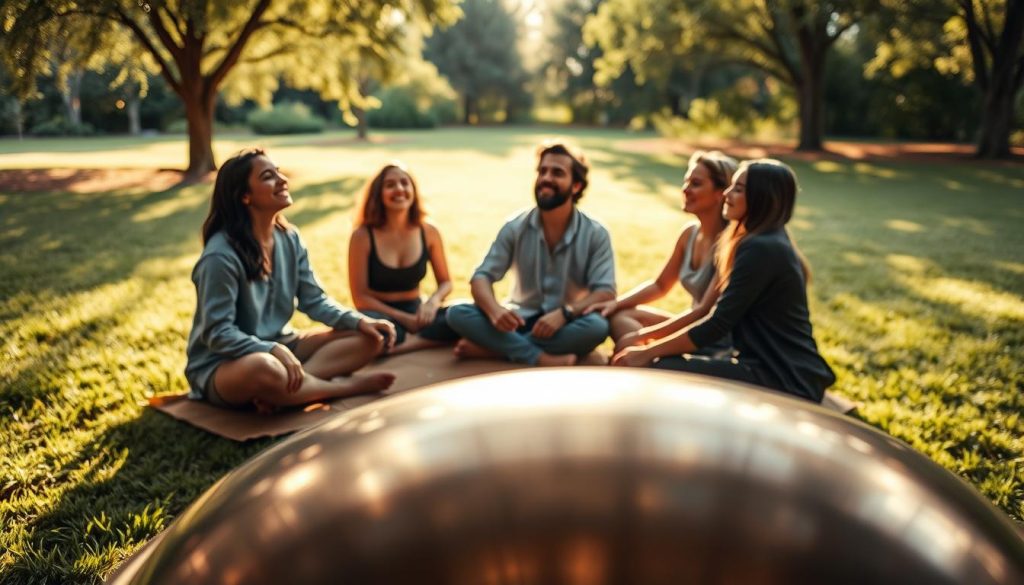 A serene scene showcasing the emotional impact of handpan music. In the foreground, a close-up of an elegantly crafted handpan, its metallic surface glimmering softly under warm, golden lighting. The middle ground features a diverse group of individuals, dressed in modest casual attire, sitting in a circle, deeply immersed in the music. Their expressions reflect tranquility and joy, with eyes closed and serene smiles. In the background, a lush, tranquil outdoor setting with soft green grass and gentle, dappled sunlight filtering through trees, creating an inviting atmosphere. The overall mood is peaceful and contemplative, evoking a sense of connection and inner peace, emphasizing the neurological and emotional effects of the melodic sounds. The angle is slightly elevated to capture both the instrument and the participants harmoniously engaged in the experience. A serene scene showcasing the emotional impact of handpan music. In the foreground, a close-up of an elegantly crafted handpan, its metallic surface glimmering softly under warm, golden lighting. The middle ground features a diverse group of individuals, dressed in modest casual attire, sitting in a circle, deeply immersed in the music. Their expressions reflect tranquility and joy, with eyes closed and serene smiles. In the background, a lush, tranquil outdoor setting with soft green grass and gentle, dappled sunlight filtering through trees, creating an inviting atmosphere. The overall mood is peaceful and contemplative, evoking a sense of connection and inner peace, emphasizing the neurological and emotional effects of the melodic sounds. The angle is slightly elevated to capture both the instrument and the participants harmoniously engaged in the experience.