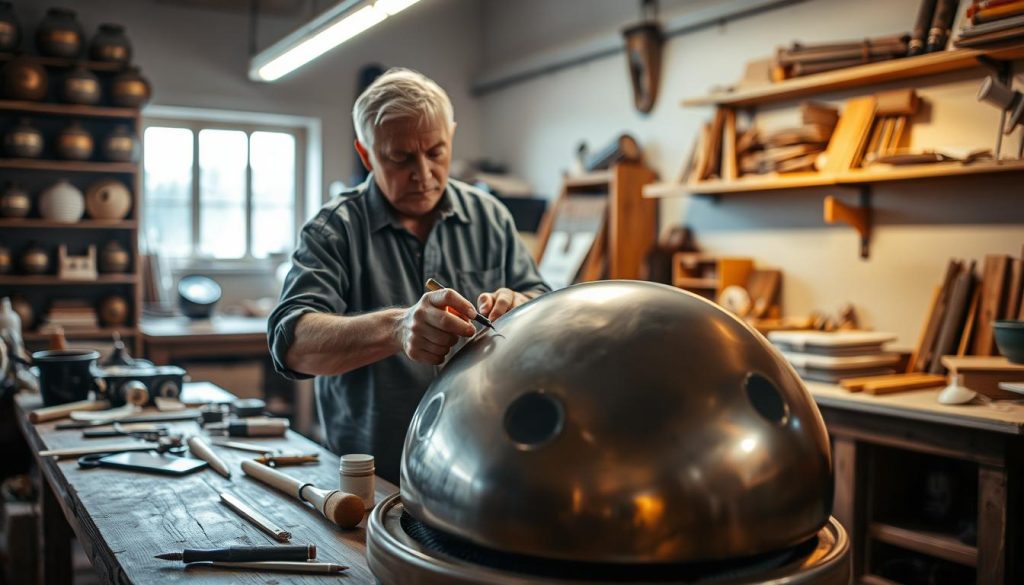 A skilled artisan working meticulously on a handpan, showcasing the intricate craftsmanship involved in its creation. In the foreground, focus on the artisan, a middle-aged person dressed in modest, casual clothing, gently curving the metal surface of a handpan with specialized tools. The middle ground features various tools and materials scattered on a wooden workbench, highlighting the blend of science and artistry. The background reveals a softly lit workshop, filled with shelves holding completed handpans and tools, partially illuminated by warm, natural light filtering through a window. The atmosphere is serene and focused, with a warm color palette that enhances the feel of craftsmanship and dedication to creating enchanting sounds. Capture the scene using a shallow depth of field to emphasize the artisan's hands and the handpan in focus. A skilled artisan working meticulously on a handpan, showcasing the intricate craftsmanship involved in its creation. In the foreground, focus on the artisan, a middle-aged person dressed in modest, casual clothing, gently curving the metal surface of a handpan with specialized tools. The middle ground features various tools and materials scattered on a wooden workbench, highlighting the blend of science and artistry. The background reveals a softly lit workshop, filled with shelves holding completed handpans and tools, partially illuminated by warm, natural light filtering through a window. The atmosphere is serene and focused, with a warm color palette that enhances the feel of craftsmanship and dedication to creating enchanting sounds. Capture the scene using a shallow depth of field to emphasize the artisan's hands and the handpan in focus.