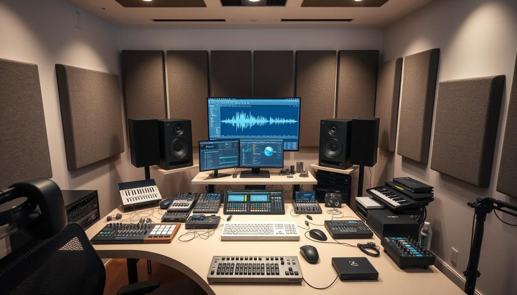 A sleek, modern recording studio workspace featuring an array of state-of-the-art music production software tools and hardware. In the foreground, a high-end digital audio workstation with multiple screens displays audio waveforms and mixing interfaces. Surrounding it, various MIDI controllers, audio interfaces, and other peripherals are neatly arranged on a minimalist, clutter-free desk. Soft, indirect lighting creates a warm, focused atmosphere ideal for creative music-making. In the background, sound-absorbing panels and acoustic treatment materials line the walls, optimizing the room's acoustics. The overall scene conveys a professional, well-equipped environment for advanced music production and composition. A sleek, modern recording studio workspace featuring an array of state-of-the-art music production software tools and hardware. In the foreground, a high-end digital audio workstation with multiple screens displays audio waveforms and mixing interfaces. Surrounding it, various MIDI controllers, audio interfaces, and other peripherals are neatly arranged on a minimalist, clutter-free desk. Soft, indirect lighting creates a warm, focused atmosphere ideal for creative music-making. In the background, sound-absorbing panels and acoustic treatment materials line the walls, optimizing the room's acoustics. The overall scene conveys a professional, well-equipped environment for advanced music production and composition.