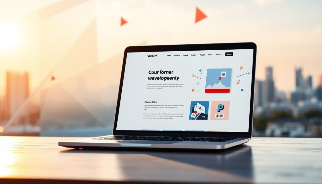 A vibrant and dynamic web design composition, showcasing a modern, responsive layout with clean typography, bold color schemes, and seamless integration of UI elements. In the foreground, a sleek laptop display presents a visually striking web page design, its minimalist aesthetic complemented by subtle shadows and reflections. The middle ground features abstract geometric shapes and patterns, hinting at the intricate coding and development processes behind the design. The background offers a softly blurred cityscape, suggesting the urban context and the professional world in which these web design skills are applied. Warm, directional lighting illuminates the scene, creating a sense of depth and atmosphere that evokes a cutting-edge, technology-driven environment.