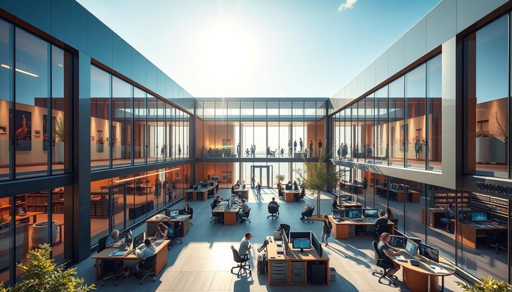 A vibrant, architectural rendering of the Ircam's STMS research unit, situated within a modern, minimalist campus. The building's sleek, glass-and-steel facade reflects the sun's rays, creating a sense of openness and transparency. The interior spaces are filled with teams of researchers, engineers, and musicians, collaborating at desks and workstations, surrounded by state-of-the-art audio and computing equipment. The environment exudes a blend of scientific rigor and creative exploration, with a warm, inviting ambiance. The overall scene conveys the multidisciplinary nature of the unit's mission, blending art, technology, and academic inquiry. A vibrant, architectural rendering of the Ircam's STMS research unit, situated within a modern, minimalist campus. The building's sleek, glass-and-steel facade reflects the sun's rays, creating a sense of openness and transparency. The interior spaces are filled with teams of researchers, engineers, and musicians, collaborating at desks and workstations, surrounded by state-of-the-art audio and computing equipment. The environment exudes a blend of scientific rigor and creative exploration, with a warm, inviting ambiance. The overall scene conveys the multidisciplinary nature of the unit's mission, blending art, technology, and academic inquiry.