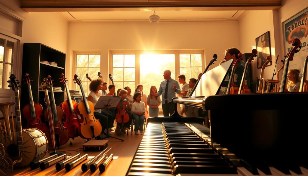 A vibrant, colorful image of a musically-inspired classroom setting. In the foreground, a grand piano takes center stage, its keys gleaming under the warm, natural lighting. Surrounding it, a collection of diverse musical instruments - violins, cellos, trumpets, and more - are neatly arranged, ready for instruction. In the middle ground, a group of students, their faces filled with enthusiasm, gather around a teacher who gestures animatedly, guiding them through a music lesson. The background depicts a spacious, sun-drenched room with large windows, allowing the golden rays to filter in and create a soothing, inspiring atmosphere. The overall scene conveys a sense of creativity, learning, and a deep appreciation for the art of music. A vibrant, colorful image of a musically-inspired classroom setting. In the foreground, a grand piano takes center stage, its keys gleaming under the warm, natural lighting. Surrounding it, a collection of diverse musical instruments - violins, cellos, trumpets, and more - are neatly arranged, ready for instruction. In the middle ground, a group of students, their faces filled with enthusiasm, gather around a teacher who gestures animatedly, guiding them through a music lesson. The background depicts a spacious, sun-drenched room with large windows, allowing the golden rays to filter in and create a soothing, inspiring atmosphere. The overall scene conveys a sense of creativity, learning, and a deep appreciation for the art of music.