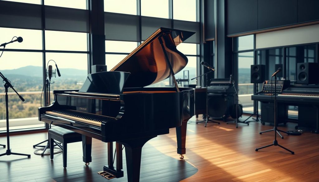 a grand piano in a modern recording studio, with microphones, mixing console, and other music production equipment in the foreground and background. the piano has a sleek, glossy black finish and is illuminated by soft, diffused lighting, creating a warm and atmospheric mood. the studio has high ceilings, with large windows overlooking a scenic landscape. the overall scene conveys a sense of creativity, professionalism, and artistic expression, suitable for a portfolio showcasing musical achievements. a grand piano in a modern recording studio, with microphones, mixing console, and other music production equipment in the foreground and background. the piano has a sleek, glossy black finish and is illuminated by soft, diffused lighting, creating a warm and atmospheric mood. the studio has high ceilings, with large windows overlooking a scenic landscape. the overall scene conveys a sense of creativity, professionalism, and artistic expression, suitable for a portfolio showcasing musical achievements.